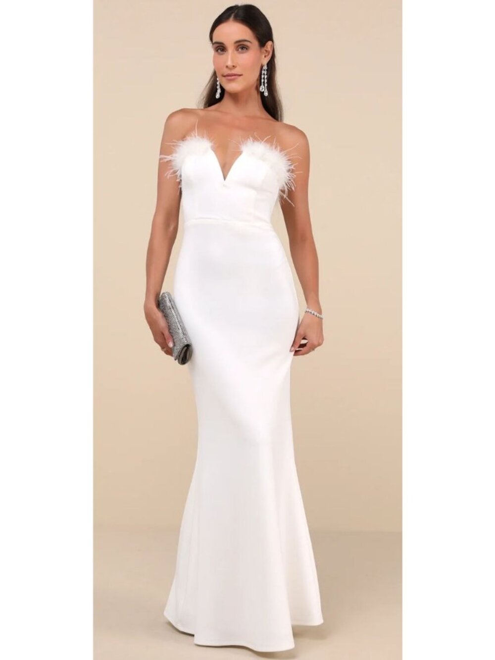 Lulus Glam White Feather Strapless Mermaid Maxi Dress Women's Size Large NWT!